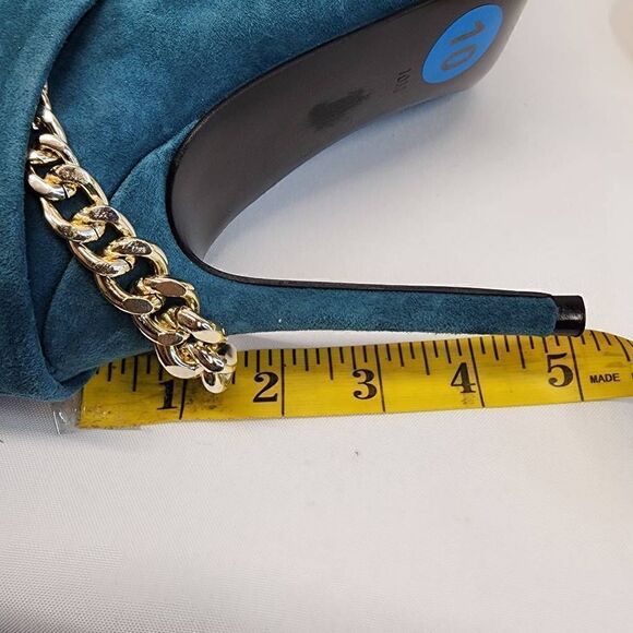 GUESS Adilee Teal Chain Pleated Peep Toe Stiletto Leather Booties Size 10 - Picture 8 of 10